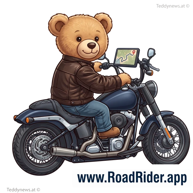 RoadRider-Teddy auf dem Motorrad mit Navigationsgeraet — Maskottchen der Touren-App roadrider.app